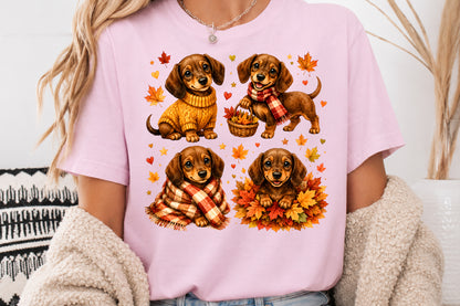 Cute Fall Dachshund Puppies PNG Autumn Dog Sweater Scarf Sublimation Design