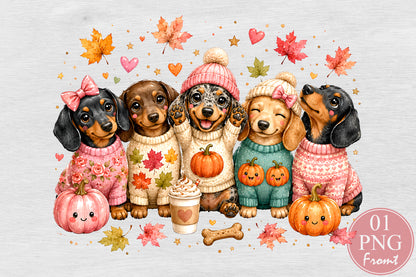 Cute Autumn Dachshund Puppies PNG Pumpkin Fall Dog Sublimation Design