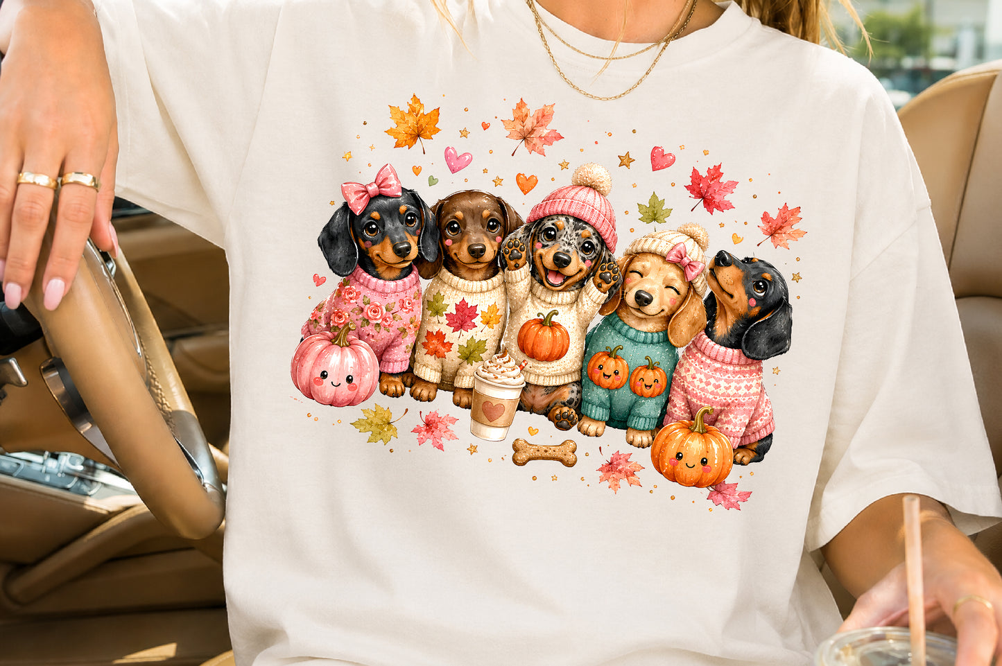 Cute Autumn Dachshund Puppies PNG Pumpkin Fall Dog Sublimation Design
