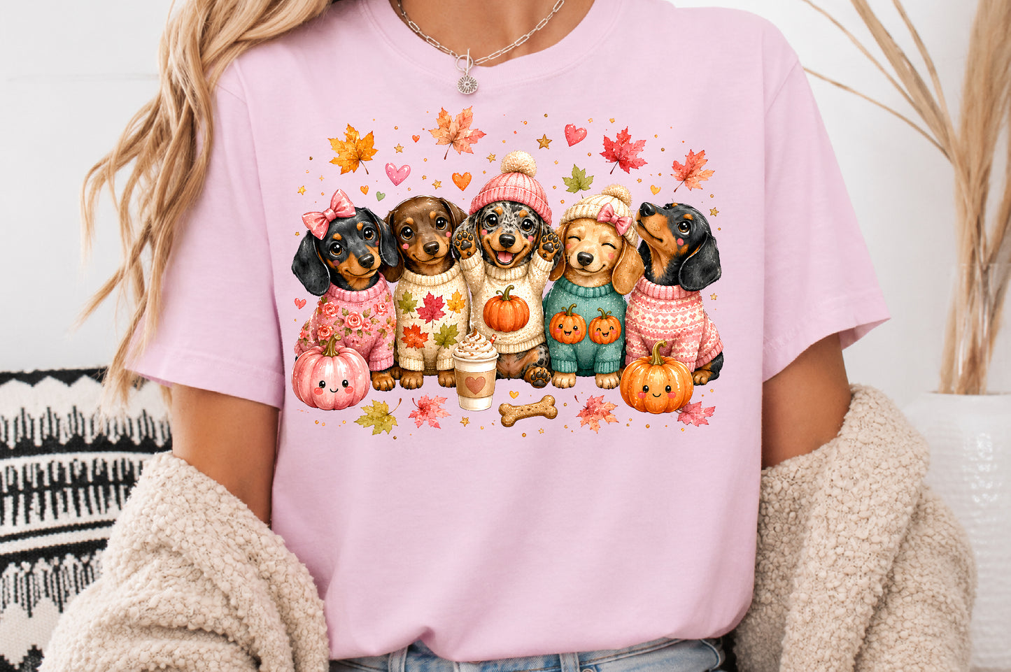 Cute Autumn Dachshund Puppies PNG Pumpkin Fall Dog Sublimation Design