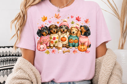 Cute Autumn Dachshund Puppies PNG Pumpkin Fall Dog Sublimation Design