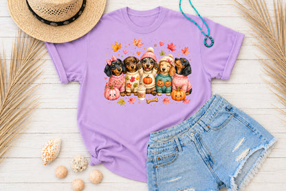 Cute Autumn Dachshund Puppies PNG Pumpkin Fall Dog Sublimation Design