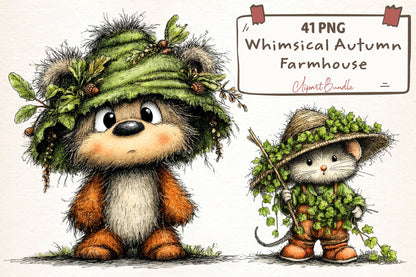 Whimsical Autumn Farmhouse Clipart Bundle – 41 PNG Woodland Animals