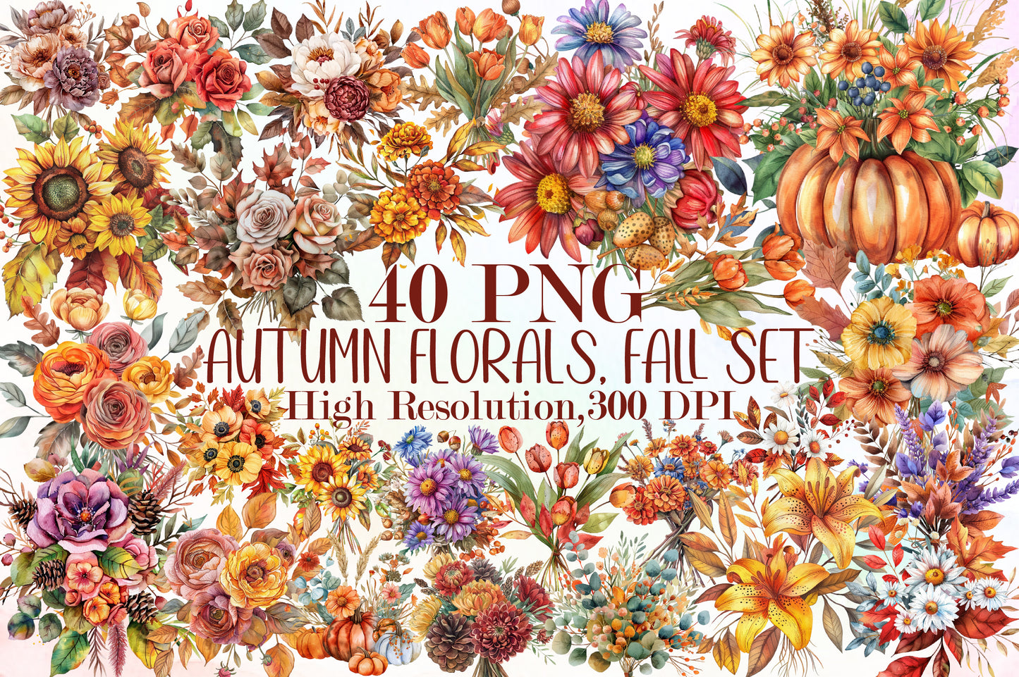 Autumn Floral PNG Bundle Fall Flower Watercolor Clipart