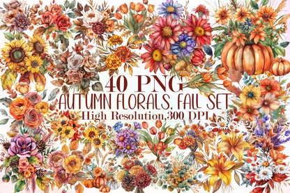 Autumn Floral PNG Bundle Fall Flower Watercolor Clipart