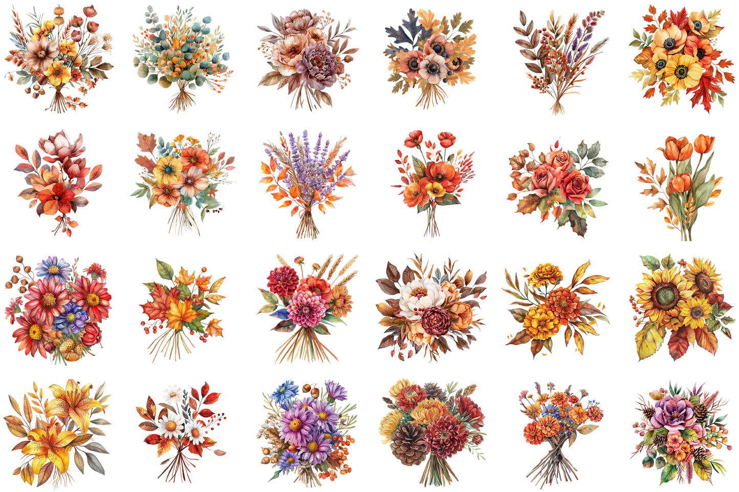 Autumn Floral PNG Bundle Fall Flower Watercolor Clipart