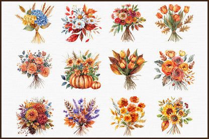 Autumn Floral PNG Bundle Fall Flower Watercolor Clipart