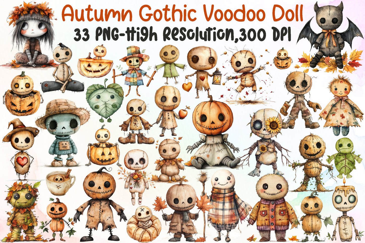 Autumn Gothic Voodoo Doll PNG Bundle Fall Halloween Clipart