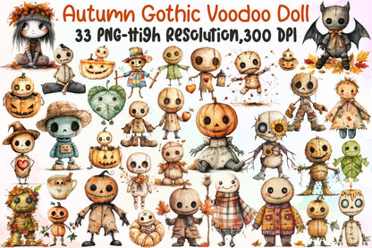 Autumn Gothic Voodoo Doll PNG Bundle Fall Halloween Clipart