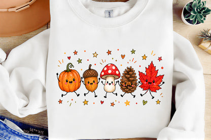 Cute Fall Autumn Characters PNG Pumpkin Acorn Mushroom Pinecone Leaf Clipart