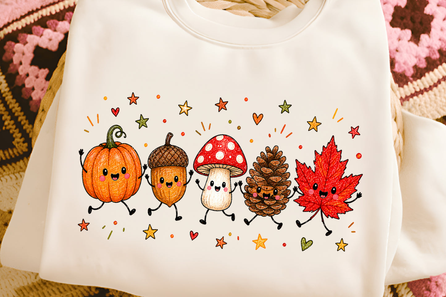 Cute Fall Autumn Characters PNG Pumpkin Acorn Mushroom Pinecone Leaf Clipart