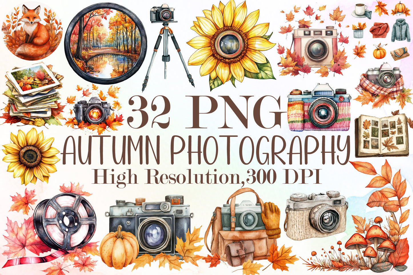 Autumn Photography PNG Bundle Fall Camera Sublimation Clipart