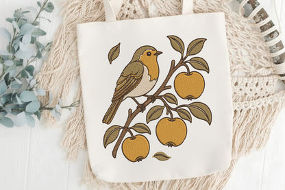 Autumn Robin Embroidery Design – Cute Fall Robin Bird Machine Embroidery Pattern, Autumn Nature & Bird Embroidery Design