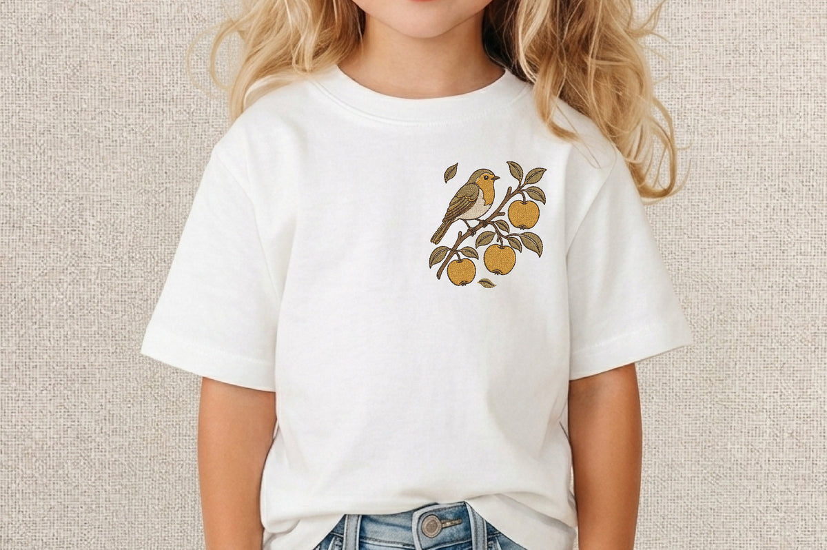 Autumn Robin Embroidery Design – Cute Fall Robin Bird Machine Embroidery Pattern, Autumn Nature & Bird Embroidery Design