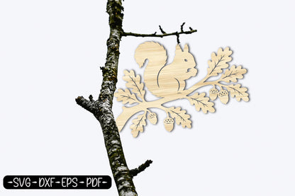 Autumn Squirrel Branch SVG | Fall Squirrel Oak Leaf Laser Cut