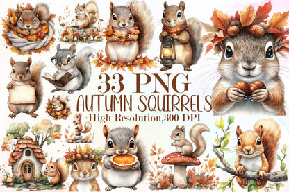 Autumn Squirrel PNG Bundle Fall Squirrel Sublimation Clipart