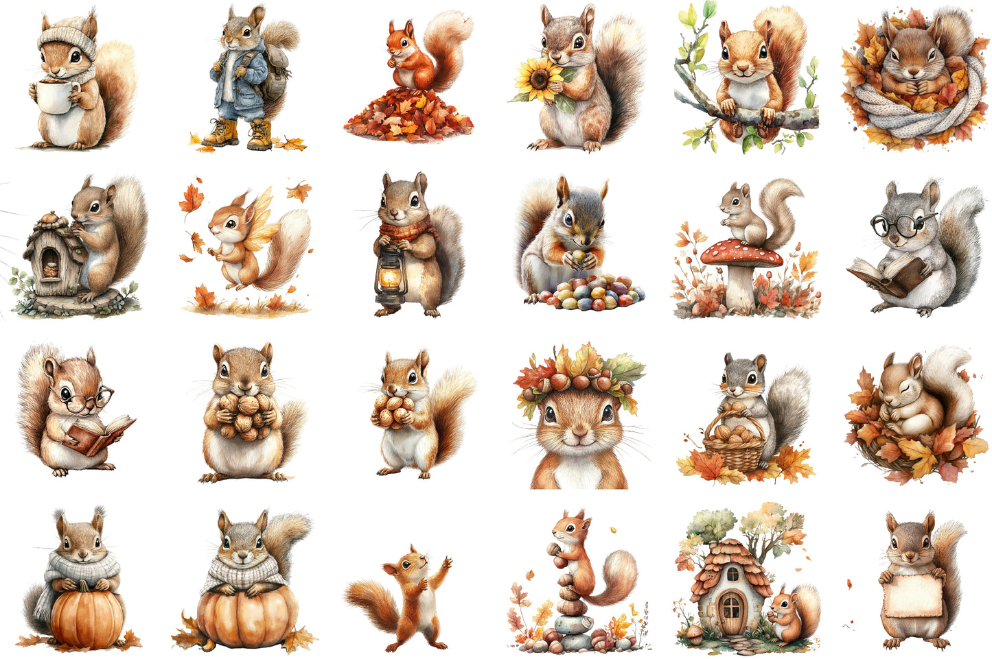 Autumn Squirrel PNG Bundle Fall Squirrel Sublimation Clipart