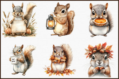 Autumn Squirrel PNG Bundle Fall Squirrel Sublimation Clipart