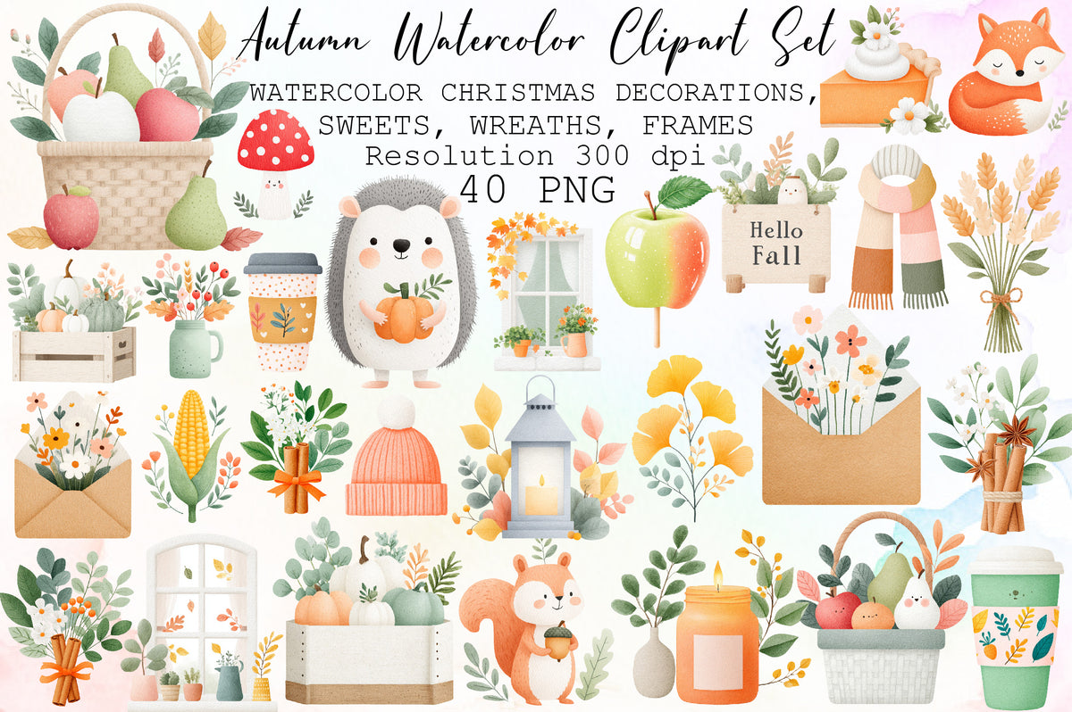 Autumn Watercolor Clipart PNG Bundle