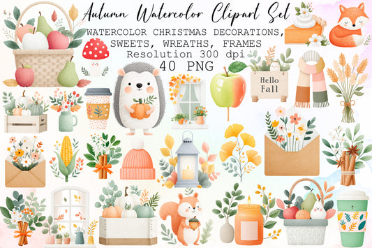 Autumn Watercolor Clipart PNG Bundle