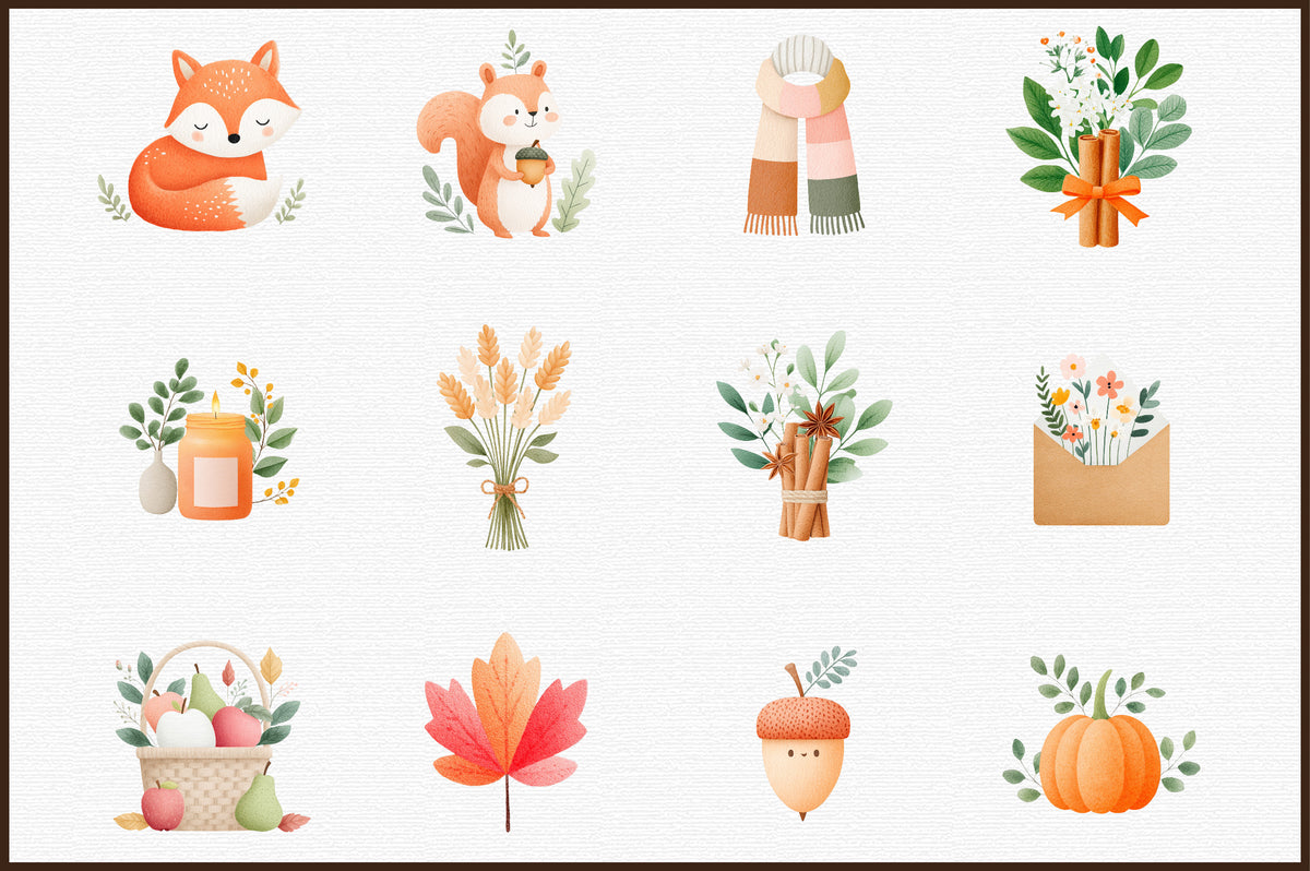 Autumn Watercolor Clipart PNG Bundle