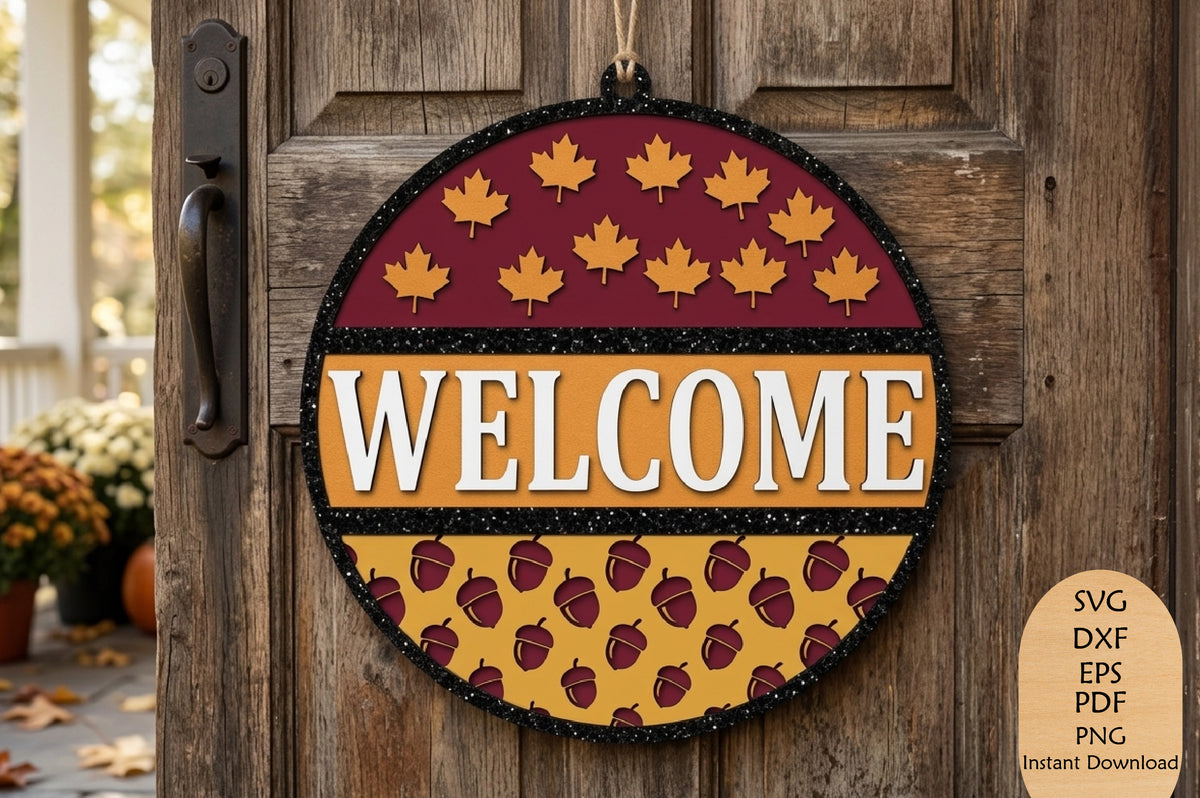 Autumn Welcome Sign Laser Cut SVG, Fall Door Sign Maple Leaf Acorn Cut File