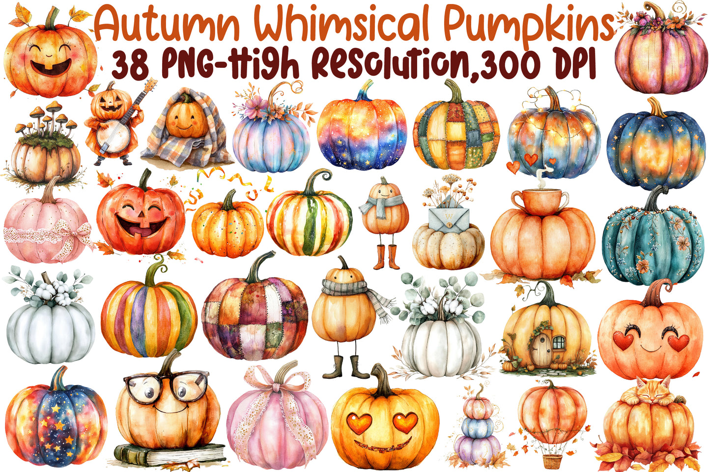 Autumn Whimsical Pumpkins PNG Bundle Fall Pumpkin Sublimation Clipart