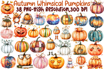 Autumn Whimsical Pumpkins PNG Bundle Fall Pumpkin Sublimation Clipart