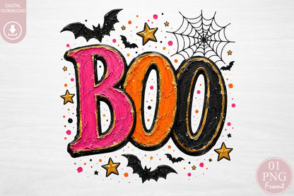 BOO Halloween PNG Pink Orange Black Spooky Sublimation Design