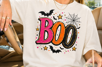 BOO Halloween PNG Pink Orange Black Spooky Sublimation Design