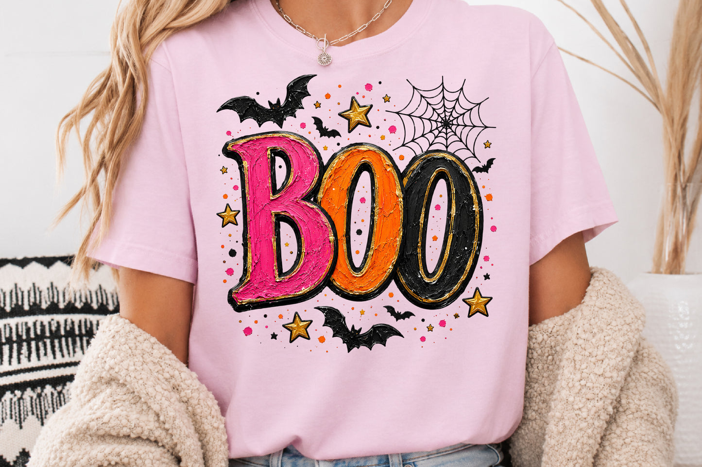 BOO Halloween PNG Pink Orange Black Spooky Sublimation Design
