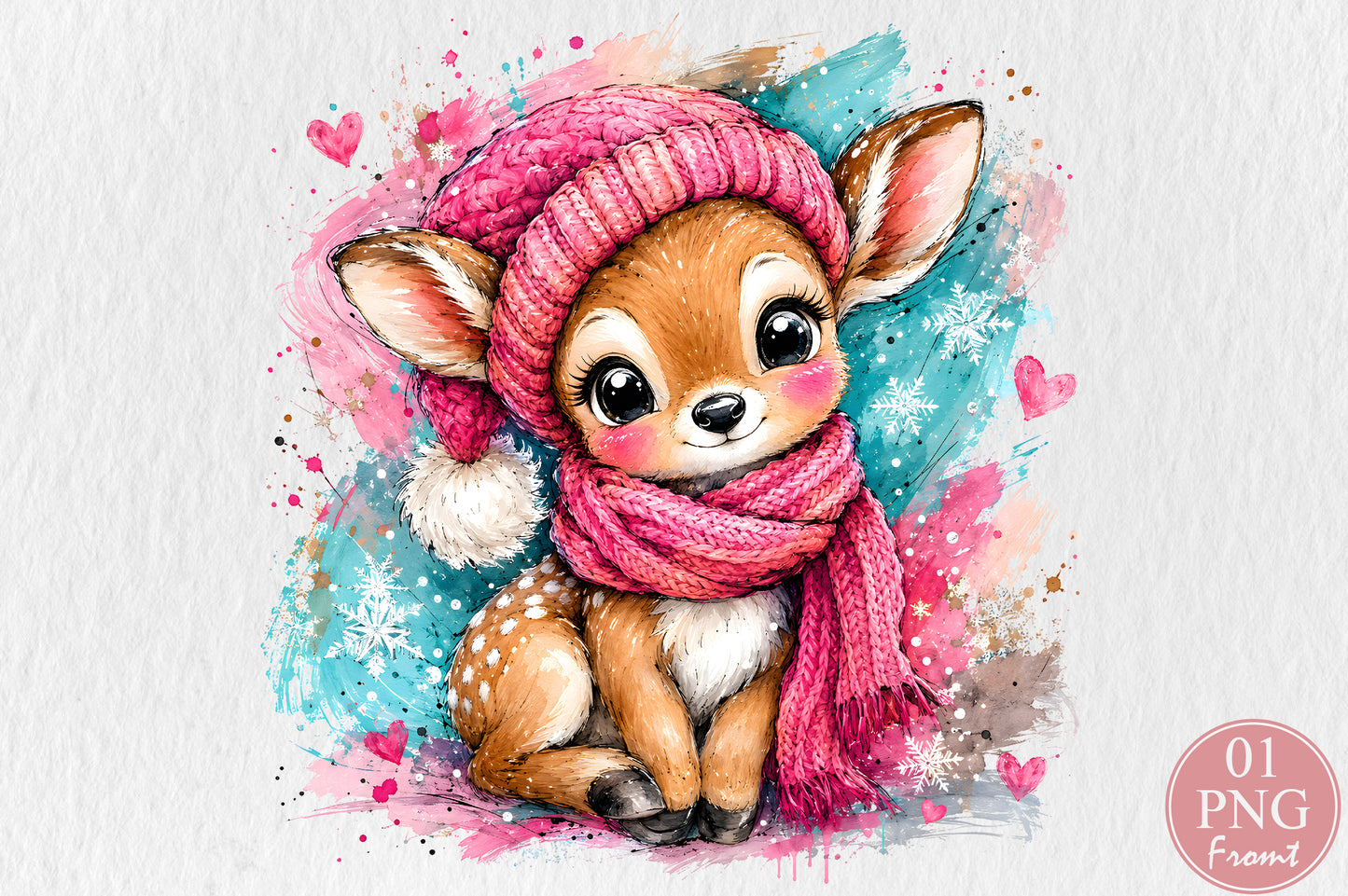 Baby Reindeer Christmas PNG Pink Winter Scarf Cute Sublimation Design