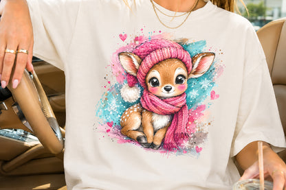 Baby Reindeer Christmas PNG Pink Winter Scarf Cute Sublimation Design