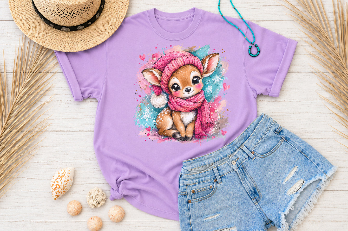 Baby Reindeer Christmas PNG Pink Winter Scarf Cute Sublimation Design