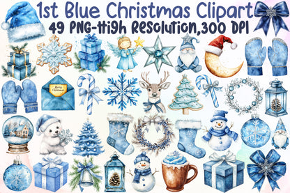 Baby First Blue Christmas Clipart PNG Bundle