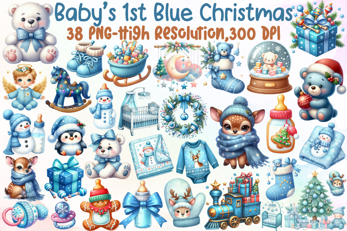 Baby's 1st Blue Christmas Clipart PNG Bundle