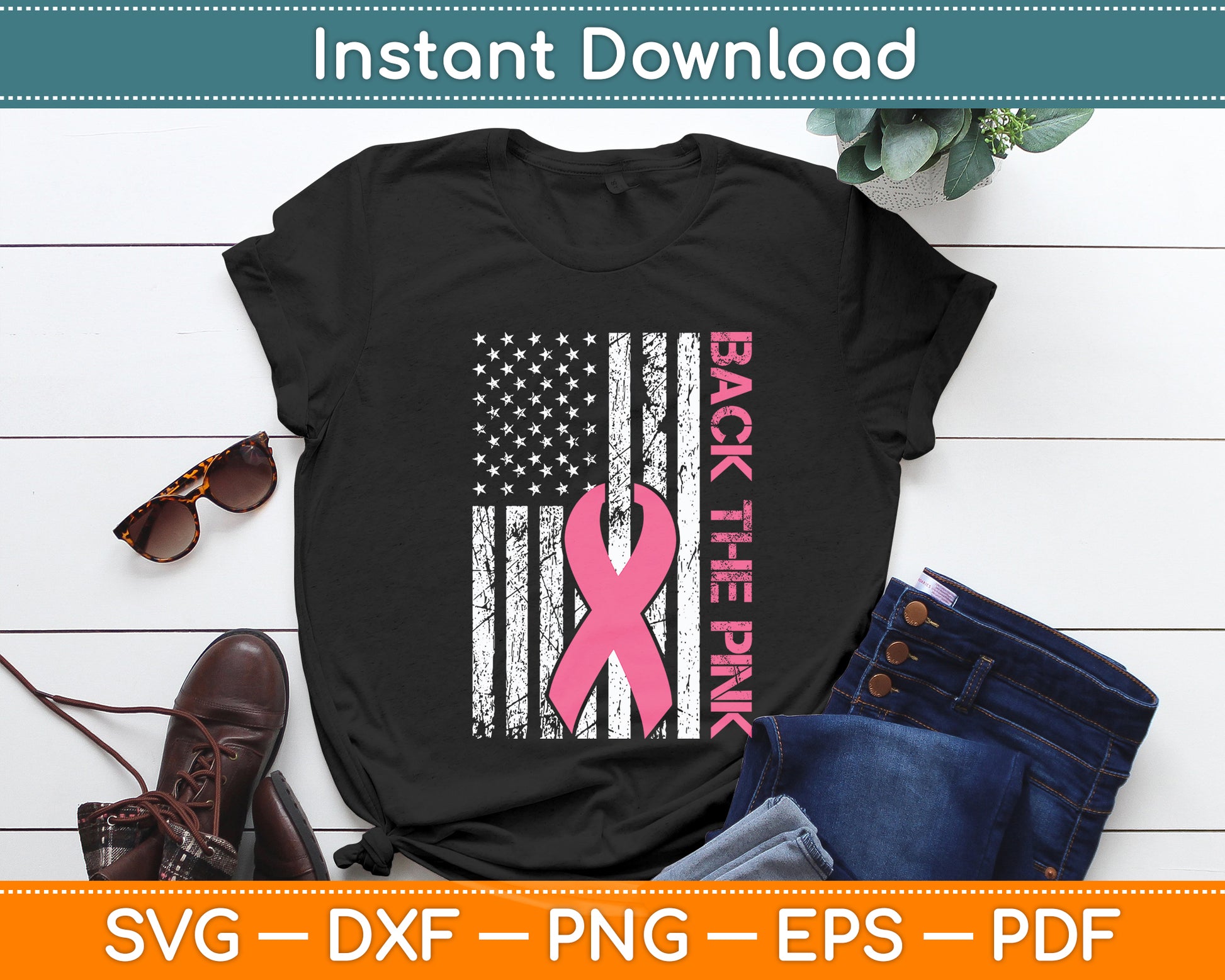 Back The Pink Ribbon American Flag Breast Cancer Awareness Svg Digital Cutting File