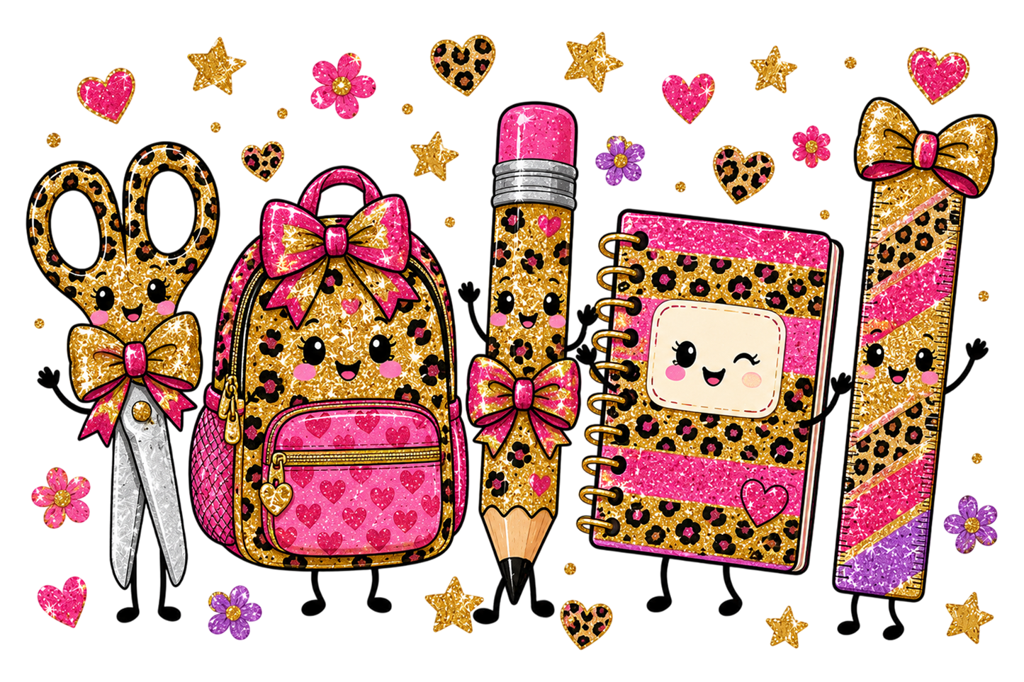 Back to School Leopard Characters PNG, Cute Kawaii School Supplies Sublimation Design