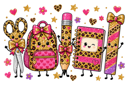 Back to School Leopard Characters PNG, Cute Kawaii School Supplies Sublimation Design