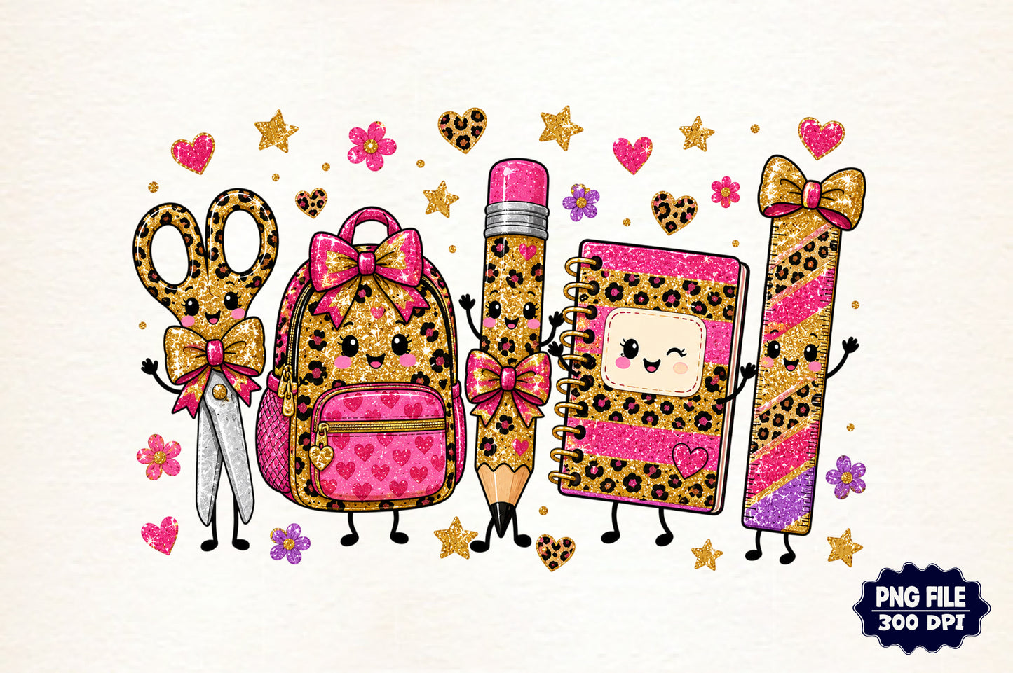 Back to School Leopard Characters PNG, Cute Kawaii School Supplies Sublimation Design