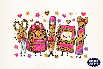 Back to School Leopard Characters PNG, Cute Kawaii School Supplies Sublimation Design