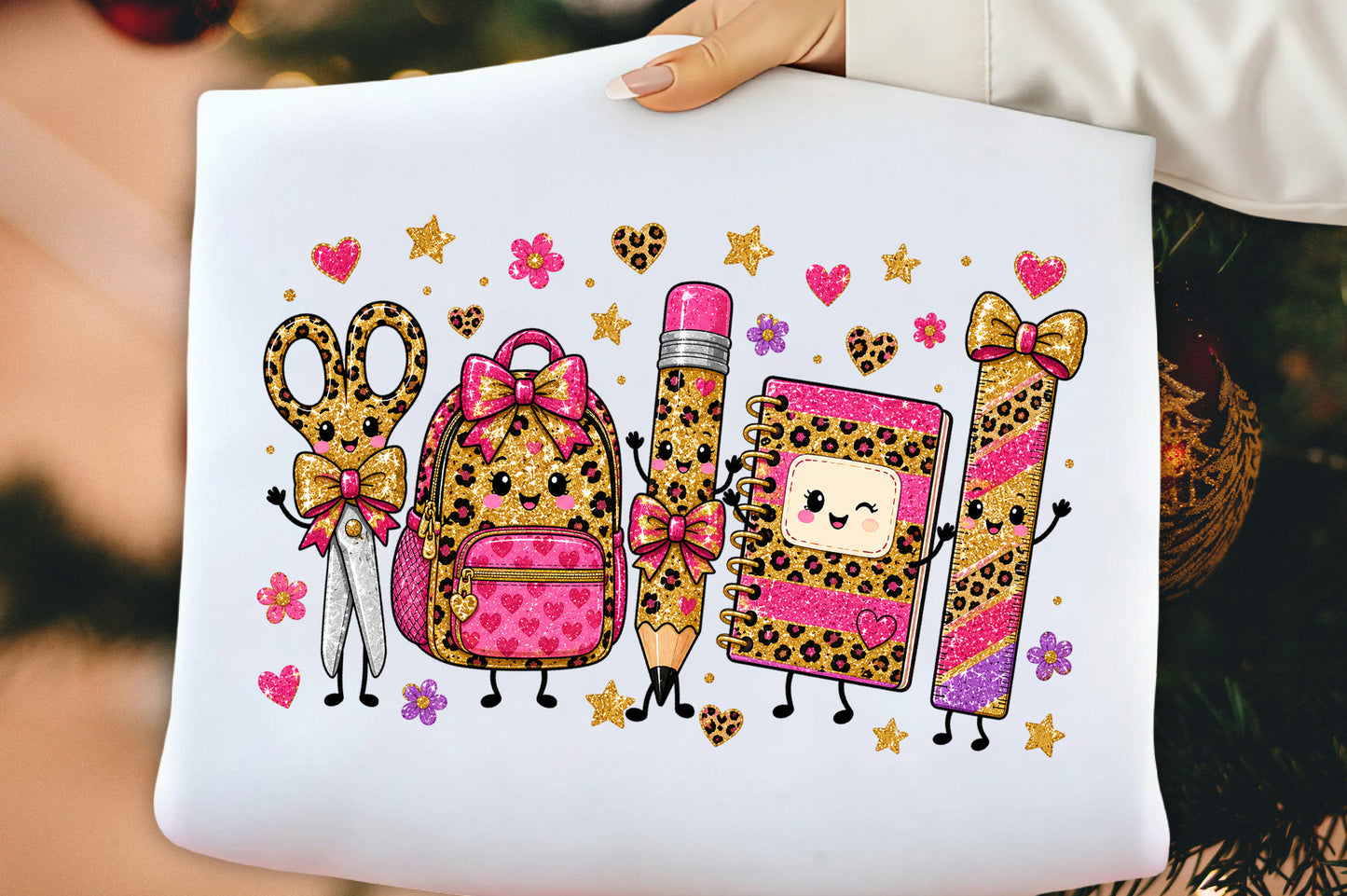 Back to School Leopard Characters PNG, Cute Kawaii School Supplies Sublimation Design
