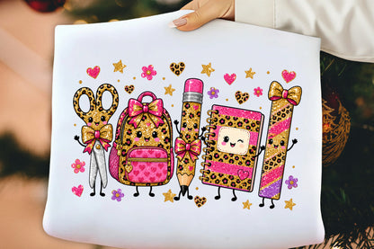 Back to School Leopard Characters PNG, Cute Kawaii School Supplies Sublimation Design