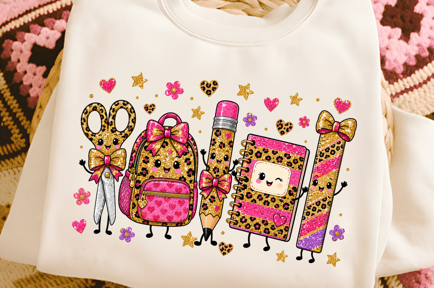 Back to School Leopard Characters PNG, Cute Kawaii School Supplies Sublimation Design
