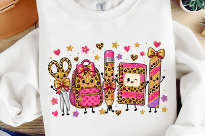 Back to School Leopard Characters PNG, Cute Kawaii School Supplies Sublimation Design