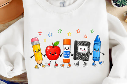 Back to School Supplies PNG Cute Cartoon Pencil Apple Crayon Clipart