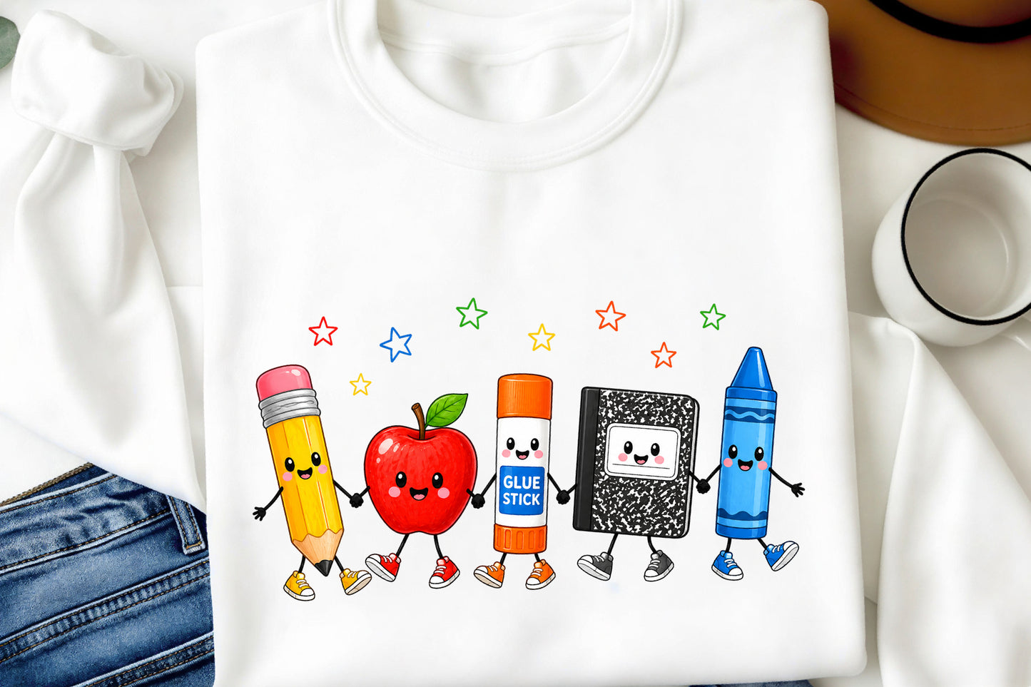 Back to School Supplies PNG Cute Cartoon Pencil Apple Crayon Clipart