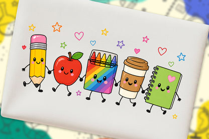 Back to School Friends PNG Cute Pencil Apple Crayon Notebook Clipart