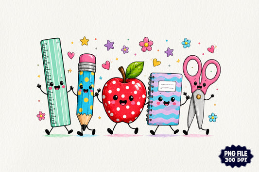 Back to School Friends PNG Cute School Supplies Apple Pencil Ruler