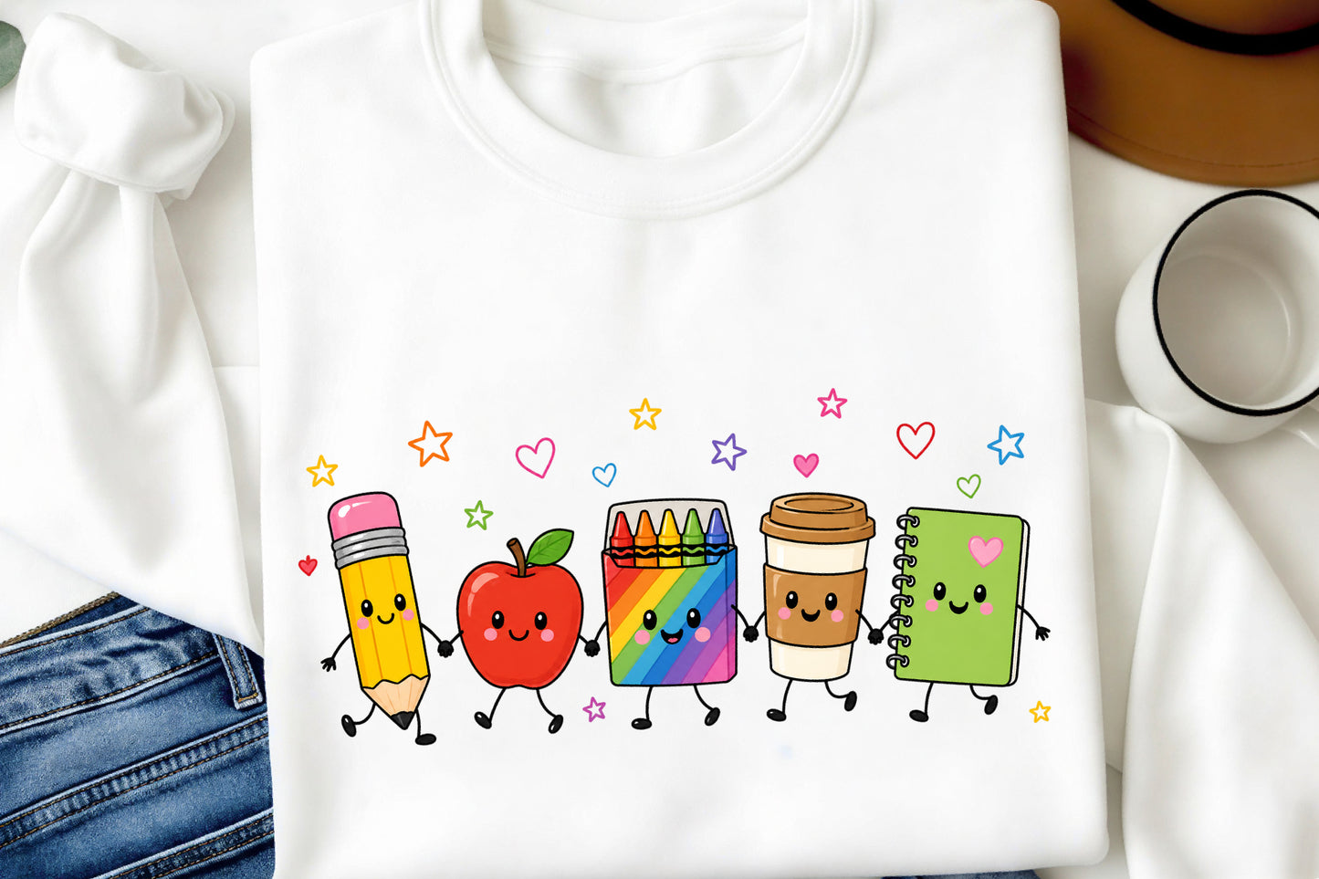 Back to School Friends PNG Cute Pencil Apple Crayon Notebook Clipart